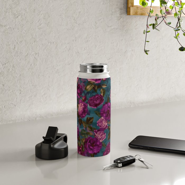 Regency Vibe Velveteen Moody  Flowers Fuchsia Pink Burgundy And Turquoise Water Bottle Gallery Image 4