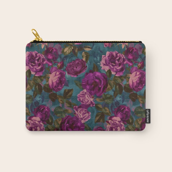 Regency Vibe Velveteen Moody  Flowers Fuchsia Pink Burgundy And Turquoise Carry All Pouch Gallery Image 1