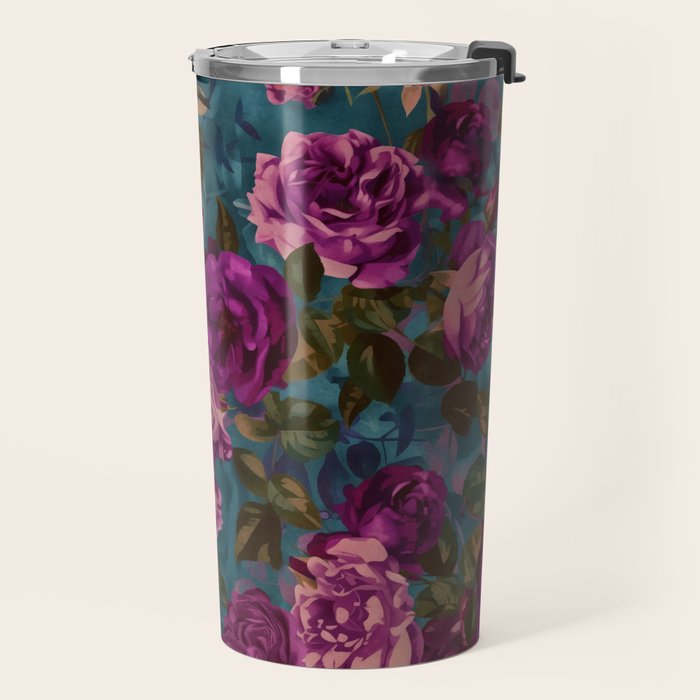 Regency Vibe Velveteen Moody  Flowers Fuchsia Pink Burgundy And Turquoise Travel Mug Gallery Image 2