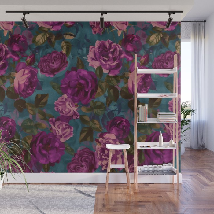 Regency Vibe Velveteen Moody  Flowers Fuchsia Pink Burgundy And Turquoise Wall Mural Gallery Image 1