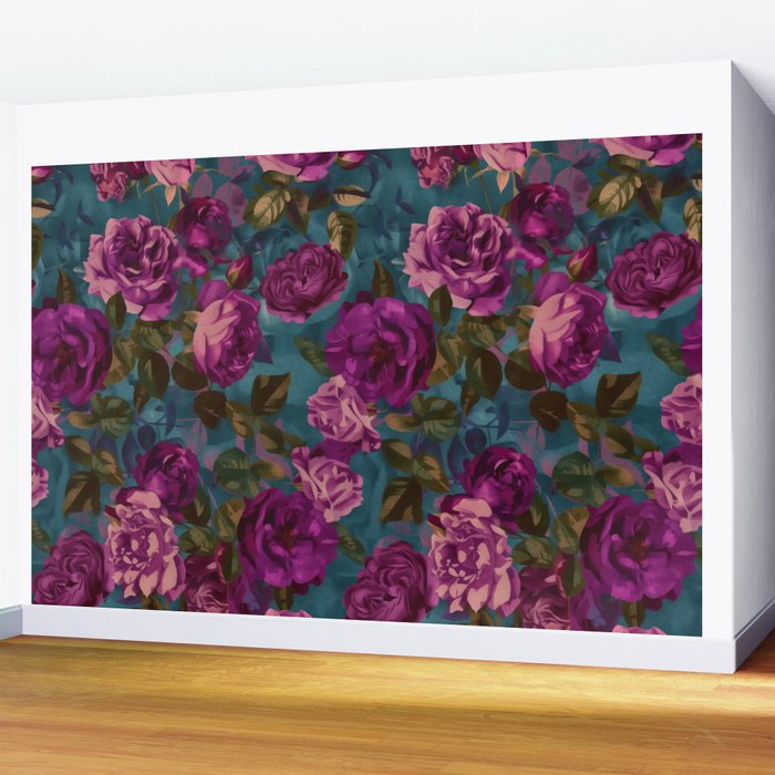 Regency Vibe Velveteen Moody  Flowers Fuchsia Pink Burgundy And Turquoise Wall Mural Gallery Image 2