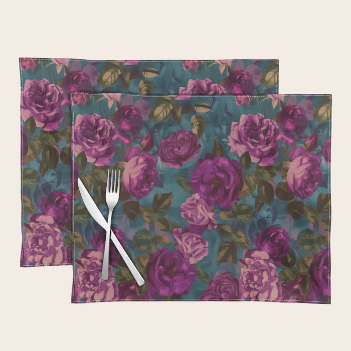 Regency Vibe Velveteen Moody  Flowers Fuchsia Pink Burgundy And Turquoise Placemat Gallery Image 1