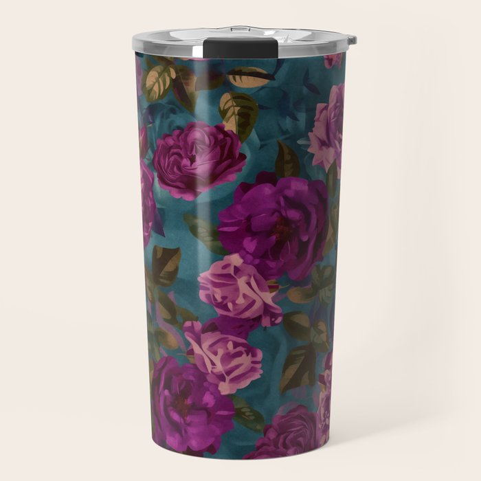 Regency Vibe Velveteen Moody  Flowers Fuchsia Pink Burgundy And Turquoise Travel Mug Gallery Image 1