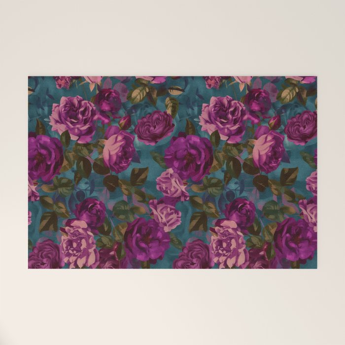 Regency Vibe Velveteen Moody  Flowers Fuchsia Pink Burgundy And Turquoise Welcome Mat Gallery Image 1