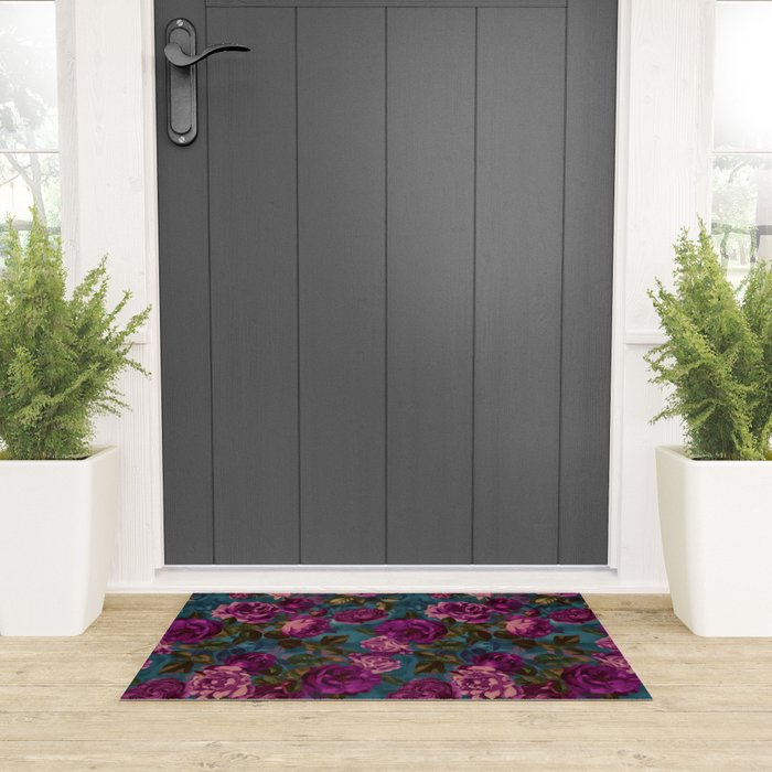 Regency Vibe Velveteen Moody  Flowers Fuchsia Pink Burgundy And Turquoise Welcome Mat Gallery Image 3