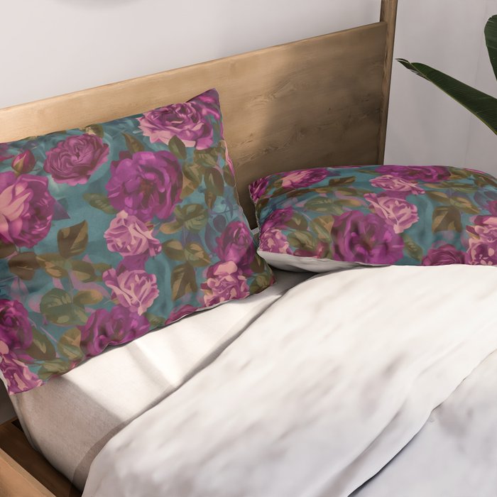 Regency Vibe Velveteen Moody  Flowers Fuchsia Pink Burgundy And Turquoise Pillow Sham Gallery Image 2