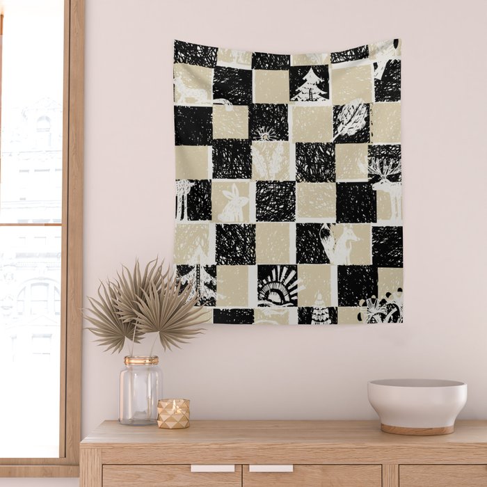 Black Forest check black and white Wall Tapestry Gallery Image 2