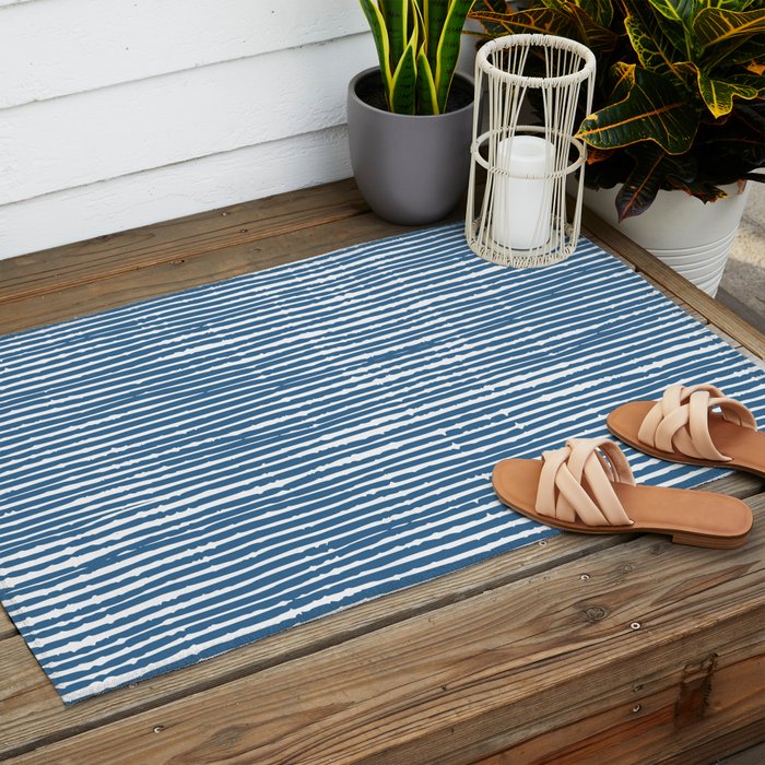 Blue Striped Abstract Pattern Outdoor Rug Gallery Image 2