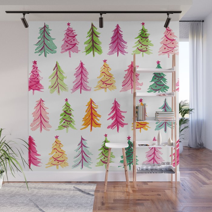 Colorful Vintage Bottlebrush Christmas Trees Wall Mural