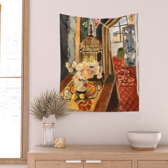 Henri Matisse Interior with Flowers & Parakeets Wall Tapestry Gallery Image 2