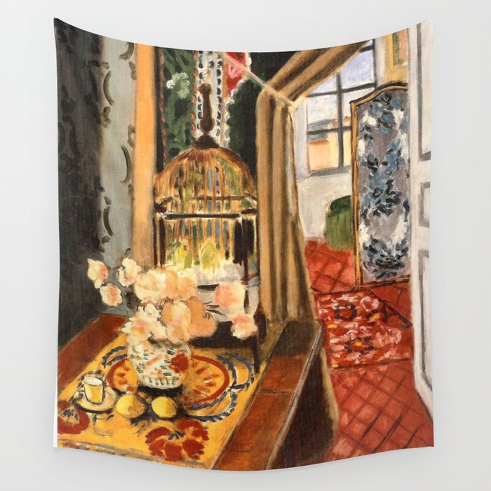 Henri Matisse Interior with Flowers & Parakeets Wall Tapestry Gallery Image 4
