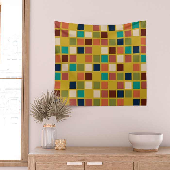 Midcentury Modern Mosaic - Geometric Pattern in Mid Century Mod Olive, Orange, Teal, and Mustard Wall Tapestry Gallery Image 2