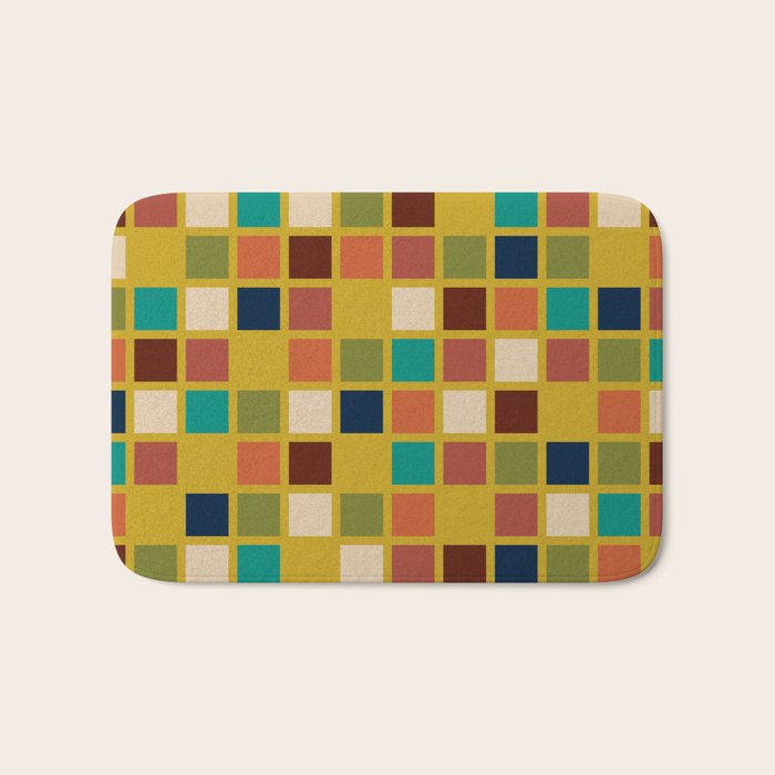 Midcentury Modern Mosaic - Geometric Pattern in Mid Century Mod Olive, Orange, Teal, and Mustard Bath Mat Gallery Image 1