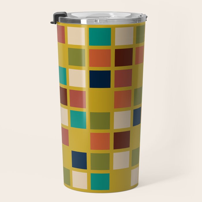Midcentury Modern Mosaic - Geometric Pattern in Mid Century Mod Olive, Orange, Teal, and Mustard Travel Mug Gallery Image 3