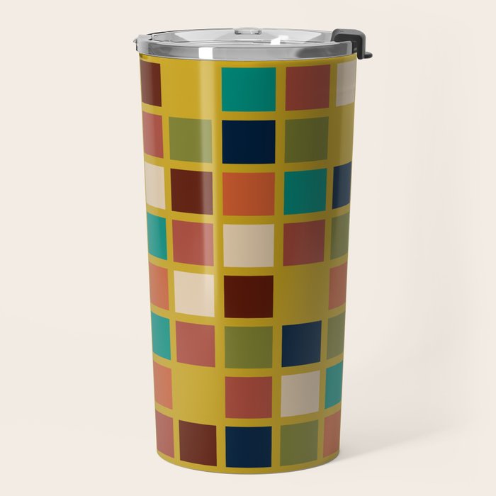 Midcentury Modern Mosaic - Geometric Pattern in Mid Century Mod Olive, Orange, Teal, and Mustard Travel Mug Gallery Image 2
