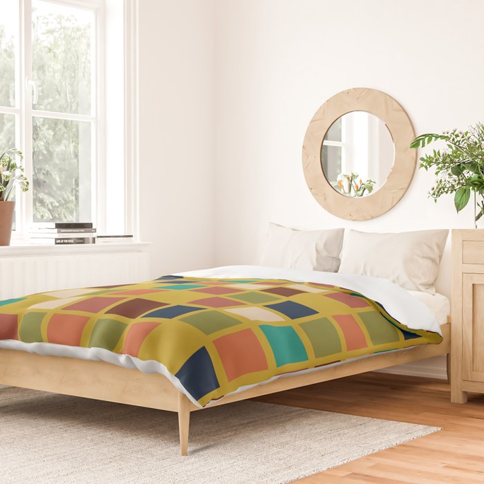 Midcentury Modern Mosaic - Geometric Pattern in Mid Century Mod Olive, Orange, Teal, and Mustard Duvet Cover Gallery Image 2