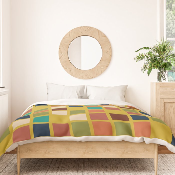 Midcentury Modern Mosaic - Geometric Pattern in Mid Century Mod Olive, Orange, Teal, and Mustard Duvet Cover Gallery Image 3