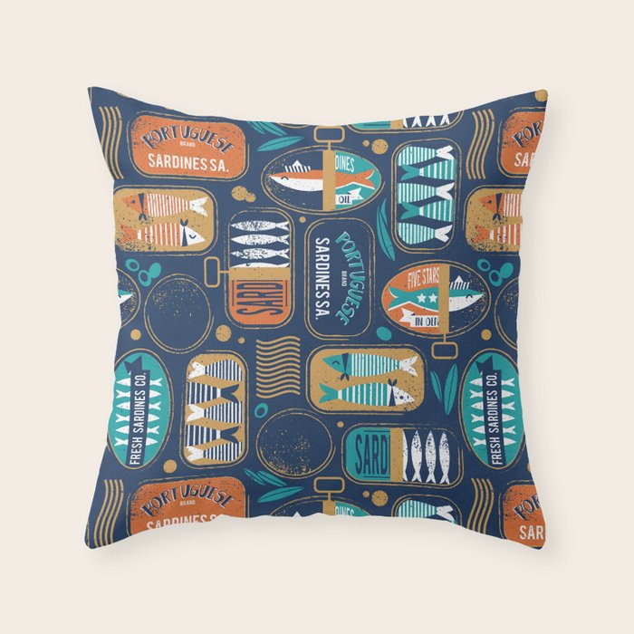 Vintage canned sardines // navy blue background peacock teal and gold drop orange cans  Throw Pillow Gallery Image 6