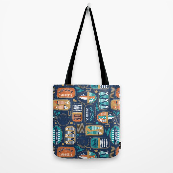 Vintage canned sardines // navy blue background peacock teal and gold drop orange cans  Tote Bag Gallery Image 2