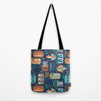 Vintage canned sardines // navy blue background peacock teal and gold drop orange cans  Tote Bag Gallery Image 2