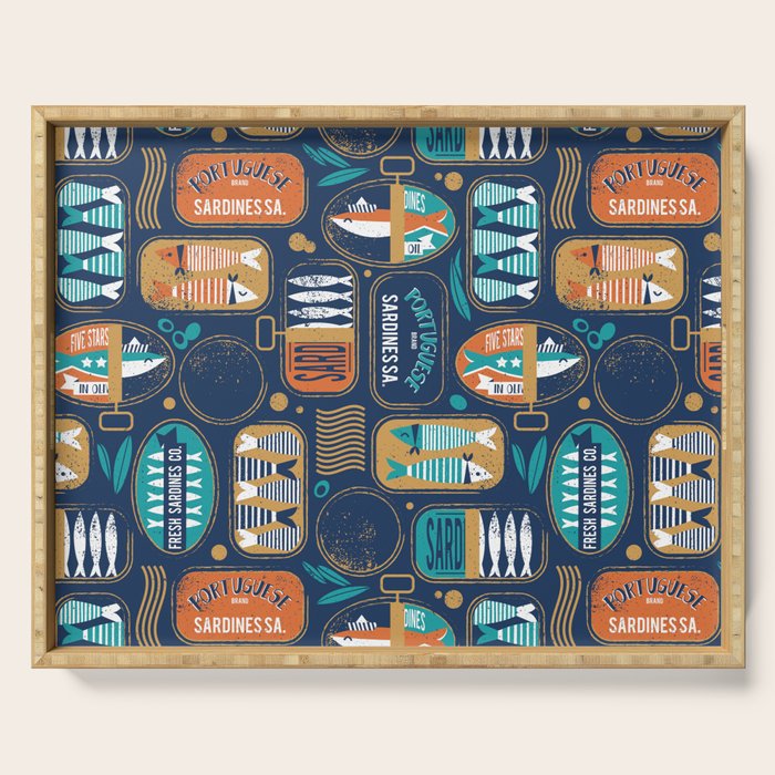 Vintage canned sardines // navy blue background peacock teal and gold drop orange cans  Serving Tray Gallery Image 1
