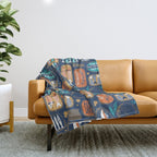 Vintage canned sardines // navy blue background peacock teal and gold drop orange cans  Throw Blanket Gallery Image 1