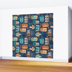 Vintage canned sardines // navy blue background peacock teal and gold drop orange cans  Wall Mural Gallery Image 2