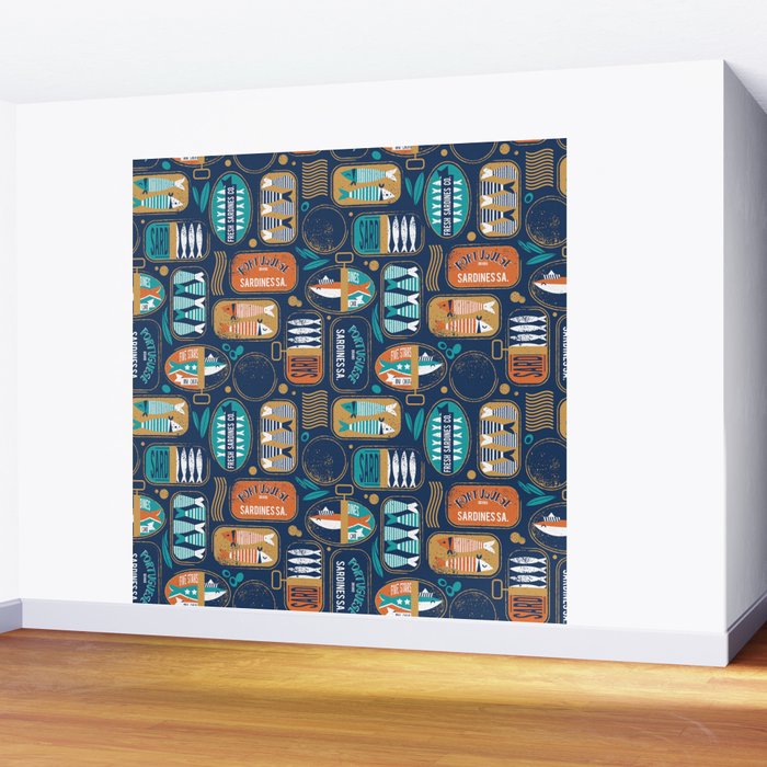 Vintage canned sardines // navy blue background peacock teal and gold drop orange cans  Wall Mural Gallery Image 2