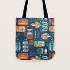 Vintage canned sardines // navy blue background peacock teal and gold drop orange cans  Tote Bag Gallery Image 1