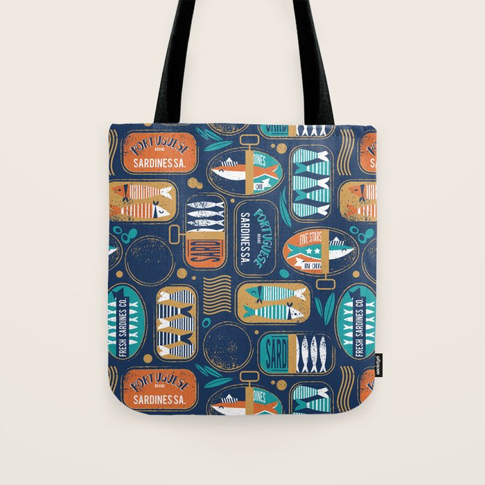 Vintage canned sardines // navy blue background peacock teal and gold drop orange cans  Tote Bag Gallery Image 1