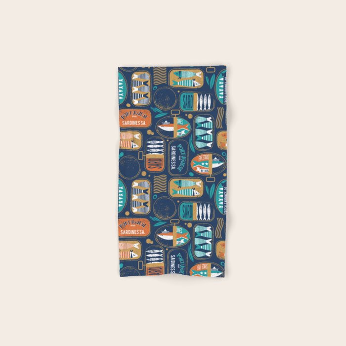 Vintage canned sardines // navy blue background peacock teal and gold drop orange cans  Bath Towel Gallery Image 1