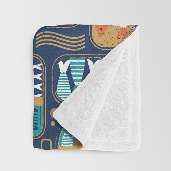 Vintage canned sardines // navy blue background peacock teal and gold drop orange cans  Throw Blanket Gallery Image 3