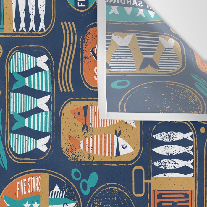 Vintage canned sardines // navy blue background peacock teal and gold drop orange cans  Wall Tapestry Gallery Image 3