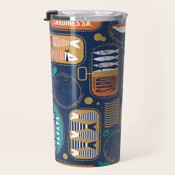 Vintage canned sardines // navy blue background peacock teal and gold drop orange cans  Travel Mug Gallery Image 3