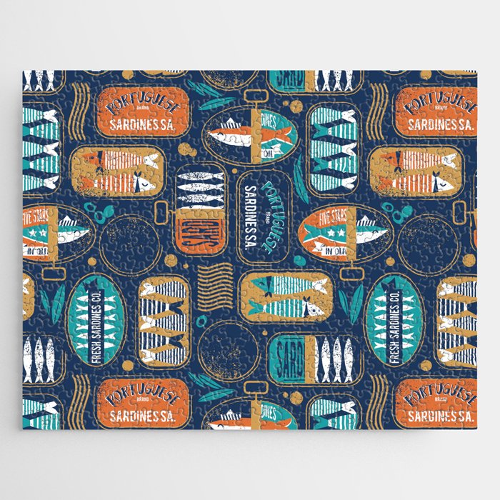 Vintage canned sardines // navy blue background peacock teal and gold drop orange cans  Jigsaw Puzzle Gallery Image 1