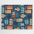 Vintage canned sardines // navy blue background peacock teal and gold drop orange cans  Jigsaw Puzzle Gallery Image 1