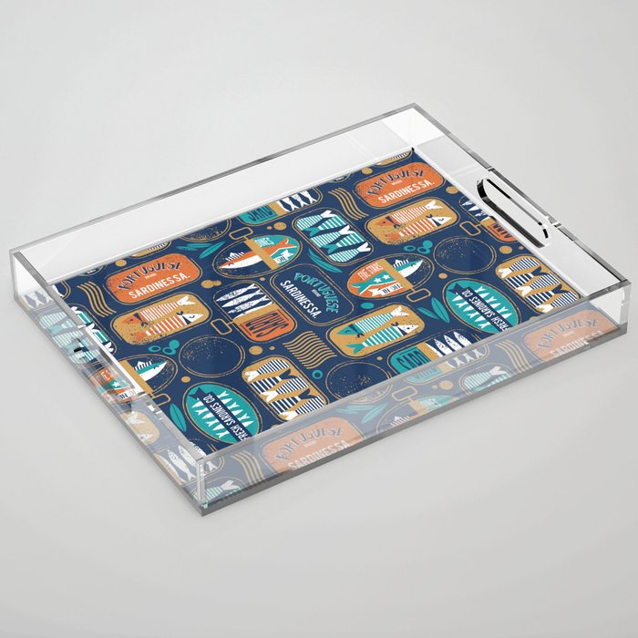 Vintage canned sardines // navy blue background peacock teal and gold drop orange cans  Acrylic Tray Gallery Image 1