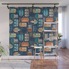 Vintage canned sardines // navy blue background peacock teal and gold drop orange cans  Wall Mural Gallery Image 1