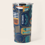 Vintage canned sardines // navy blue background peacock teal and gold drop orange cans  Travel Mug Gallery Image 1