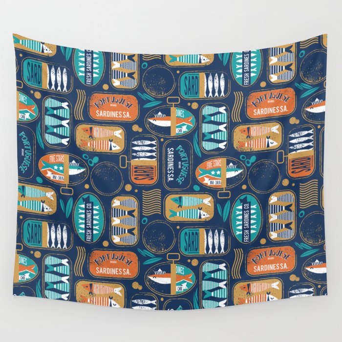 Vintage canned sardines // navy blue background peacock teal and gold drop orange cans  Wall Tapestry Gallery Image 1