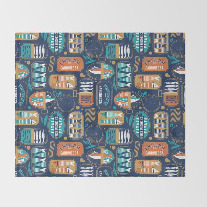 Vintage canned sardines // navy blue background peacock teal and gold drop orange cans  Throw Blanket Gallery Image 2