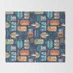 Vintage canned sardines // navy blue background peacock teal and gold drop orange cans  Throw Blanket Gallery Image 2