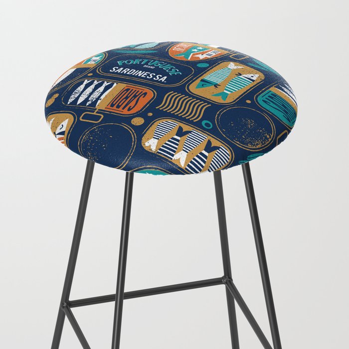 Vintage canned sardines // navy blue background peacock teal and gold drop orange cans  Stool Gallery Image 2