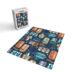 Vintage canned sardines // navy blue background peacock teal and gold drop orange cans  Jigsaw Puzzle Gallery Image 2