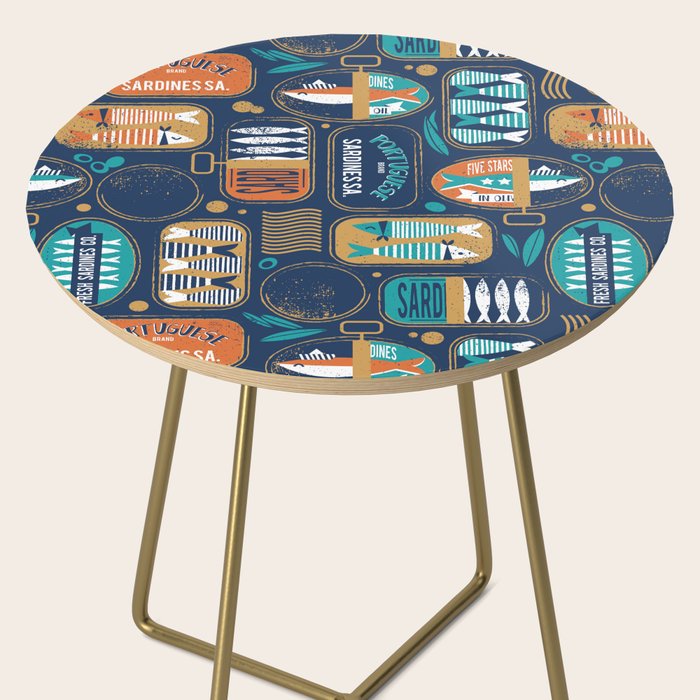 Vintage canned sardines // navy blue background peacock teal and gold drop orange cans  Side Table Gallery Image 2