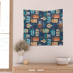 Vintage canned sardines // navy blue background peacock teal and gold drop orange cans  Wall Tapestry Gallery Image 2