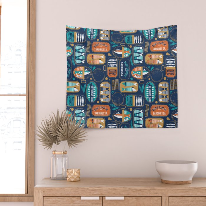 Vintage canned sardines // navy blue background peacock teal and gold drop orange cans  Wall Tapestry Gallery Image 2