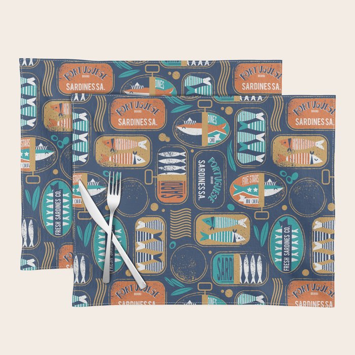 Vintage canned sardines // navy blue background peacock teal and gold drop orange cans  Placemat Gallery Image 1