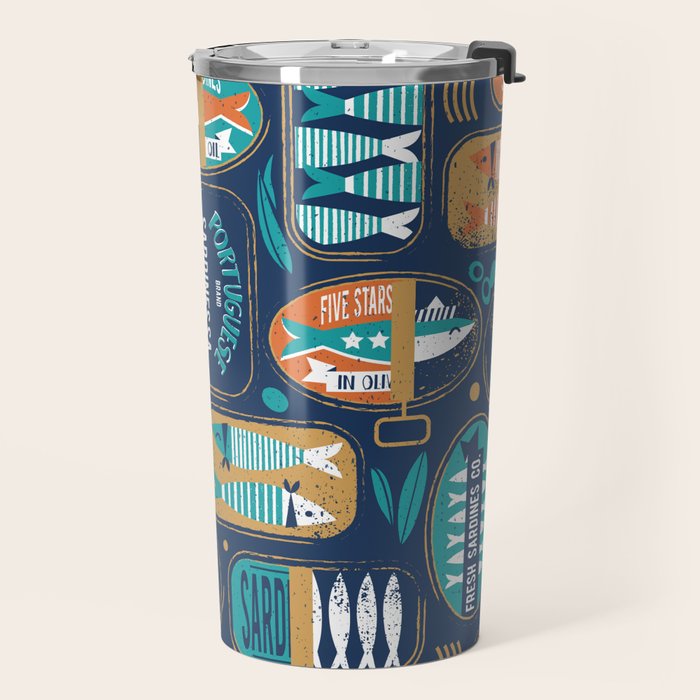 Vintage canned sardines // navy blue background peacock teal and gold drop orange cans  Travel Mug Gallery Image 2