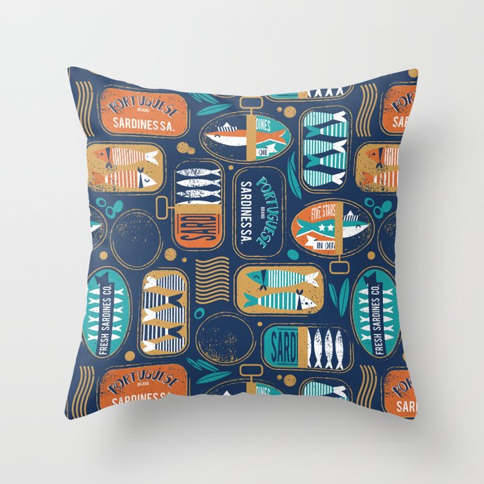Vintage canned sardines // navy blue background peacock teal and gold drop orange cans  Throw Pillow Gallery Image 6